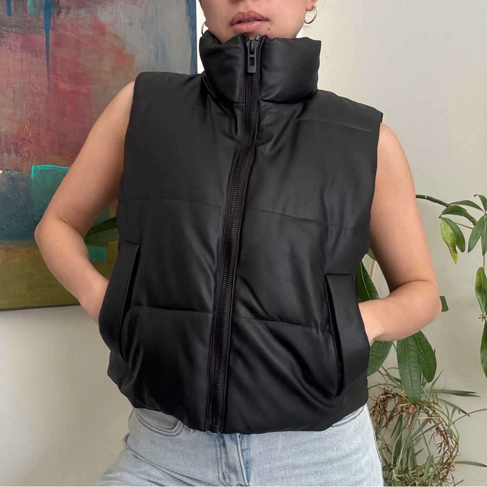 Zara faux leather black high neck puffer zip up vest XS